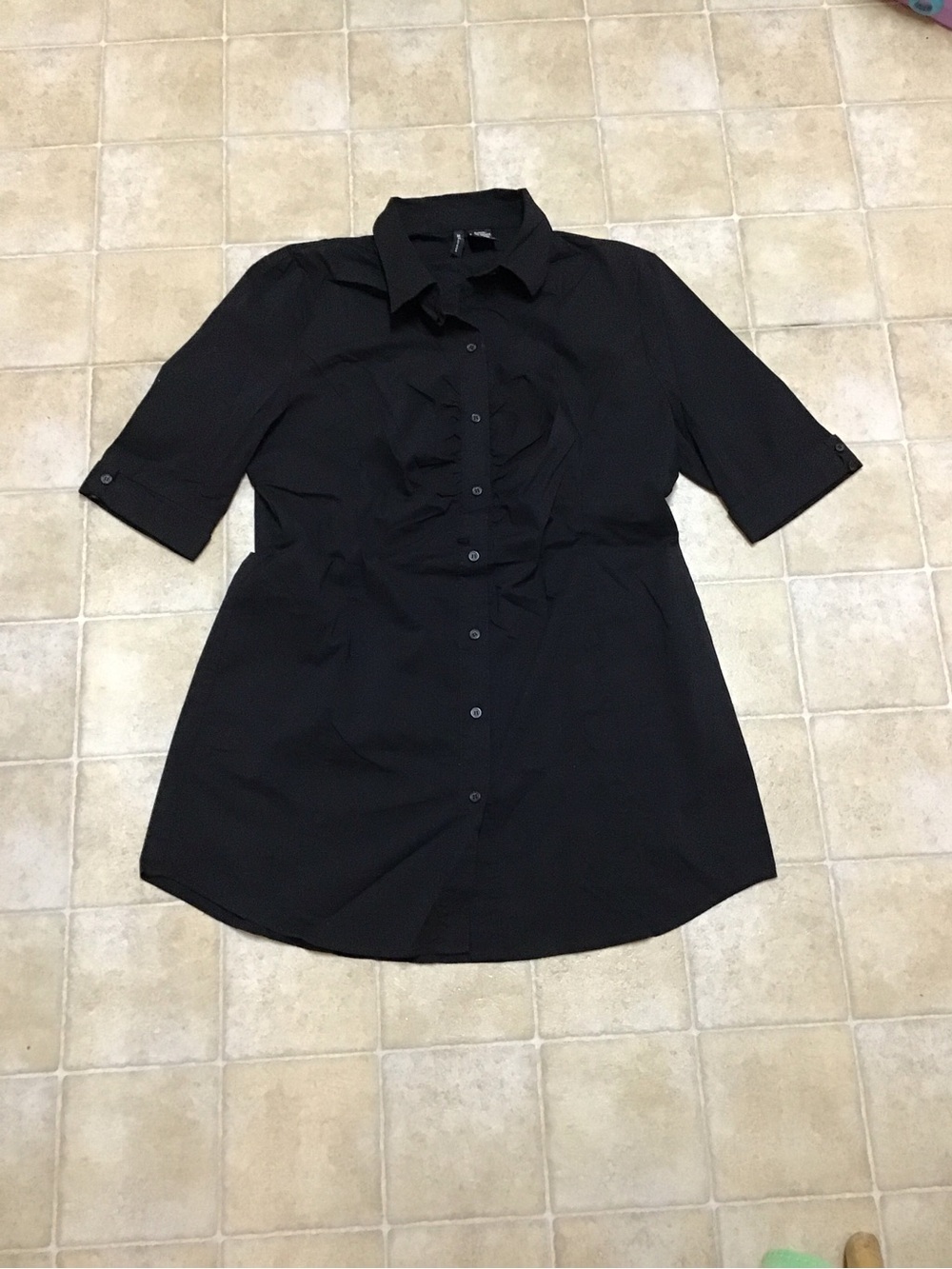 Mixit Stretch Black Midi Shirt Dress with Ruffle Placket Size XL Missing Belt